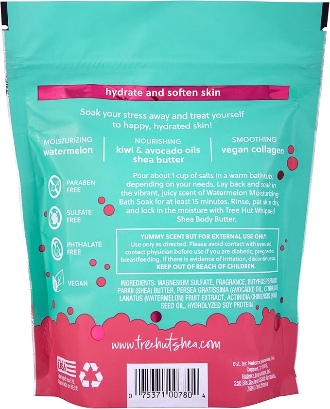 Tree Hut Watermelon Moisturizing Bath Soak, Bath Salt with Shea Butter, Vegan Collagen, Kiwi & Avicado Oils, 16 Oz