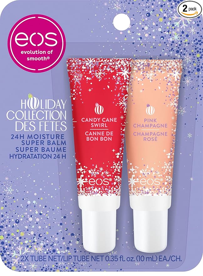 eos Holiday 24H Moisture Super Balm Gift Set, Pink Champagne & Candy Cane Swirl, Limited Edition, Stocking Stuffers, Holiday Lip Mask, 0.35 fl oz, 2-pack