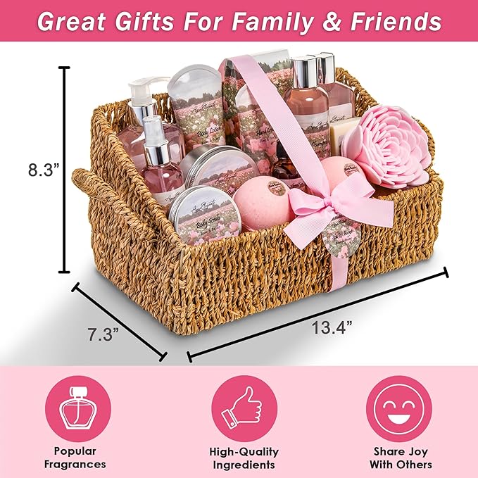 Aqua Elegante Bath Spa Gift Set - 15 Piece Premium Basket with Wash, Bubble Bath, Lotion, Salts, Body Scrub, Towel, Shower Puff, Bathbombs, Reusable Basket, Gifts for Women - Rose Oil & Peony