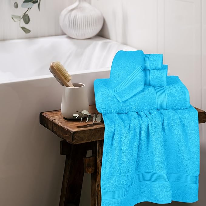 Elvana Home Ultra Soft 6 Pack Cotton Towel Set, Contains 2 Bath Towels 28x55 inch, 2 Hand Towels 16x24 inch & 2 Wash Coths 12x12 inch, Ideal for Everyday use, Compact & Lightweight - Turquoise Blue