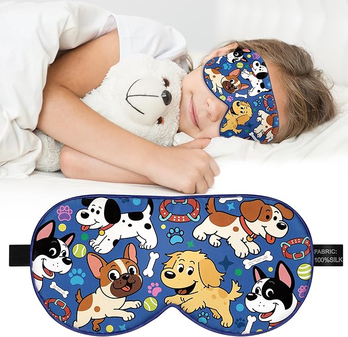 Kids Silk Sleep Mask: 100% Mulberry Silk Eye Mask with Adjustable Strap, Cute Sleeping Blindfold for Boys Girls Teens, Soft & Lightweight Eye Shade for Travel, Nap, Bedtime (Dogs Style)