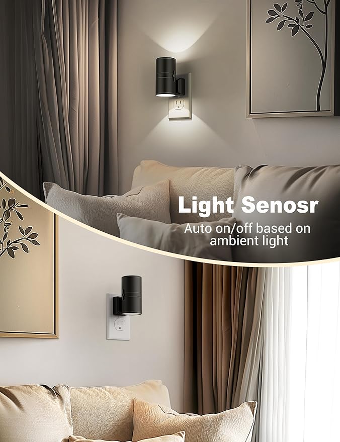 Night Lights Plug into Wall, Dimmable Night Light Plug in, Modern Night Lights with Dusk to Dawn Light Sensor, Soft White 5000K, 0-100LM Adjustable Brightness Nightlight for Hallway Bedroom, 2 Pack