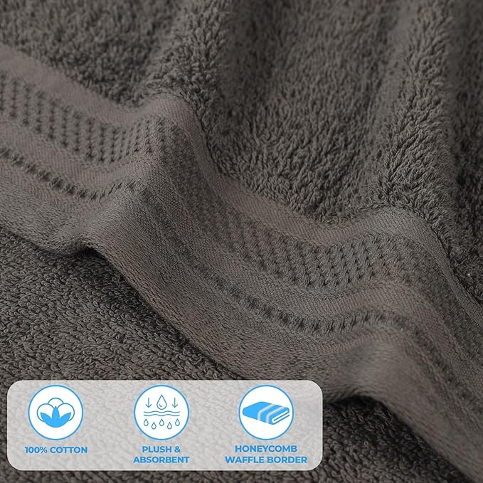 Superior Honeycomb Cotton Medium Weight Towels, for Guest Bath, Master Bathroom, Shower, Quick Dry, Adults, Home Essentials, Textured Waffle Border, Assorted Towel Set, 3 Piece Towel Set, Gunmetal