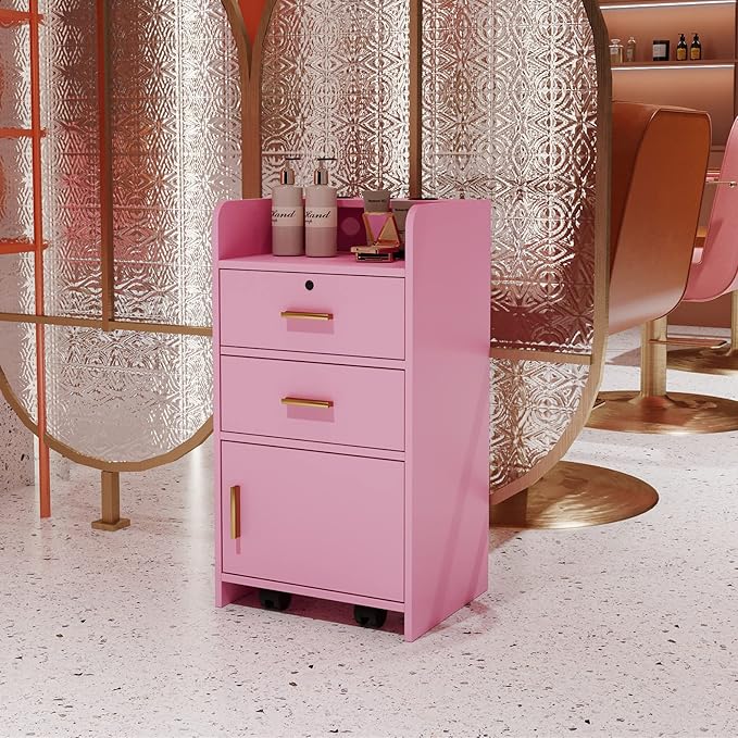 SSLine Modern Salon Station Pink Floor Stand Styling Sation Wood Salon Cabinet for Hair Stylist Barber Shop Classic Beauty Spa Storage Table with Drawers,Cupboard and Tool Insert Holes