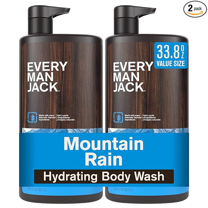 Every Man Jack Mountain Rain Mens Body Wash for All Skin Types - Cleanse, Hydrate, and Smell Great - Free of Parabens, Phtalates, and Dyes - 33.8 fl oz (2 Pack)