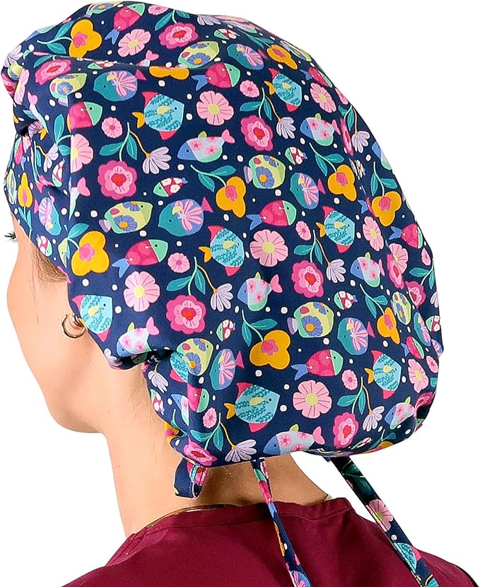 Sparkling EARTH Banded Bouffant Surgical Scrub Ponytail Working Caps and Built-in Sweatband - 100% Cotton - Made in The USA