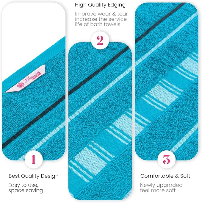 CASA COPENHAGEN X Line 6Pcs 100% Egyptian Cotton Large Designer Towels Gift Set- Grey - Teal, 600 GSM, 2Bath 2Hand 2Washcloths, Bath Towels for Bathroom Set for Women & Men