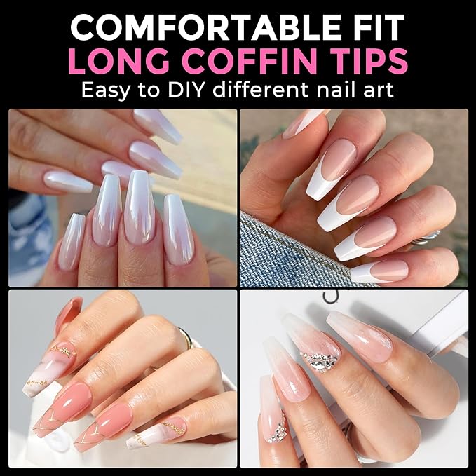 UNA GELLA Long Coffin Nail Tips: 216pcs Coffin Acrylic Fake Nails Full Cover Gel Nail Tips Press On Nails Clear Tips for Nail Extension DIY Salon 12 Sizes