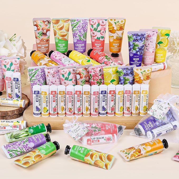VISCOO 80 Sets Hand Cream and Lip Balm Bulk Set, Mothers Day Gifts, Teacher Appreciation Gifts, Nurses Week Gift, Wedding Favors for Guests with Thank You Card Organza Bags, Birthday Gift for Women