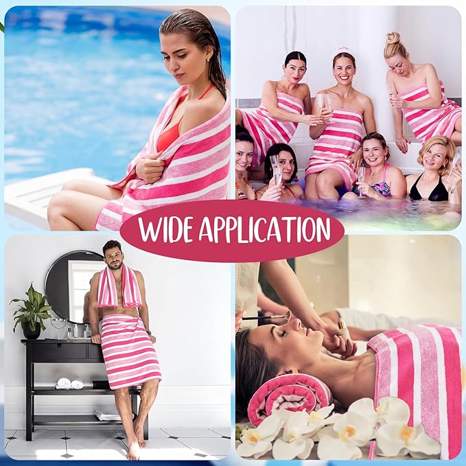SmoothNovelty 16 Pack Microfiber Bath Towels Bulk 27'' x 60'' Oversized Size Bath Towel Highly Absorbent Extra Large Soft Drying for Beach Shower Summer Salon Sport Gym Party (Wide Stripes,Pink)