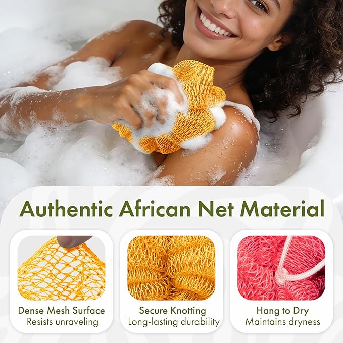 Bathway Loofah Bath Sponge, 2 Pack African Net Sponge Authentic, Exfoliating Shower Loofah Body Scrubber for Men and Women, Mesh Shower Pouf Balls for Body Wash