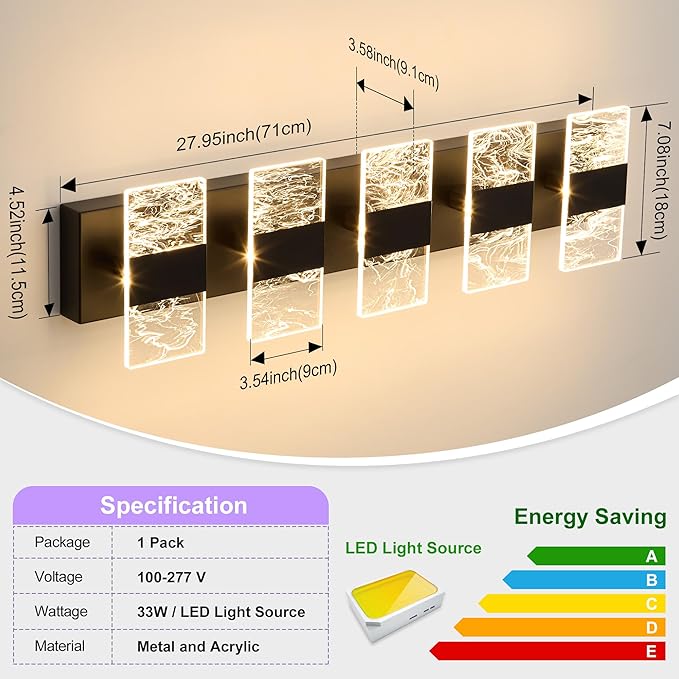 Modern LED Bathroom Light Fixtures Dimmable 5-Light Black Vanity Light,5CCT Adjustable Lighting Fixture Vanity Lights Over Mirror, Smoked Acrylic LED Vanity Lights for Bathroom