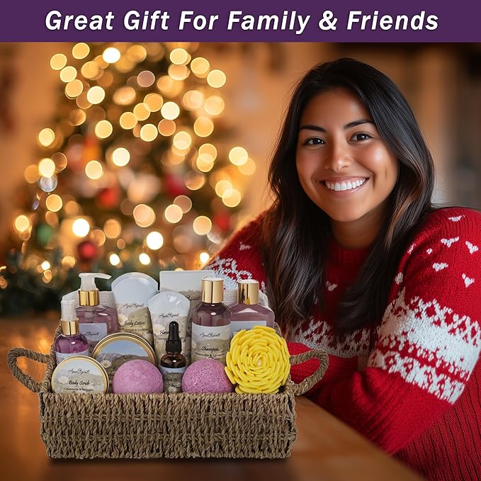 Aqua Elegante Bath Spa Gift Set - 15 Piece Premium Basket with Wash, Bubble Bath, Lotion, Salts, Body Scrub, Towel, Shower Puff, Bathbombs, Reusable Basket, Gifts for Women - Lavender & Chamomile