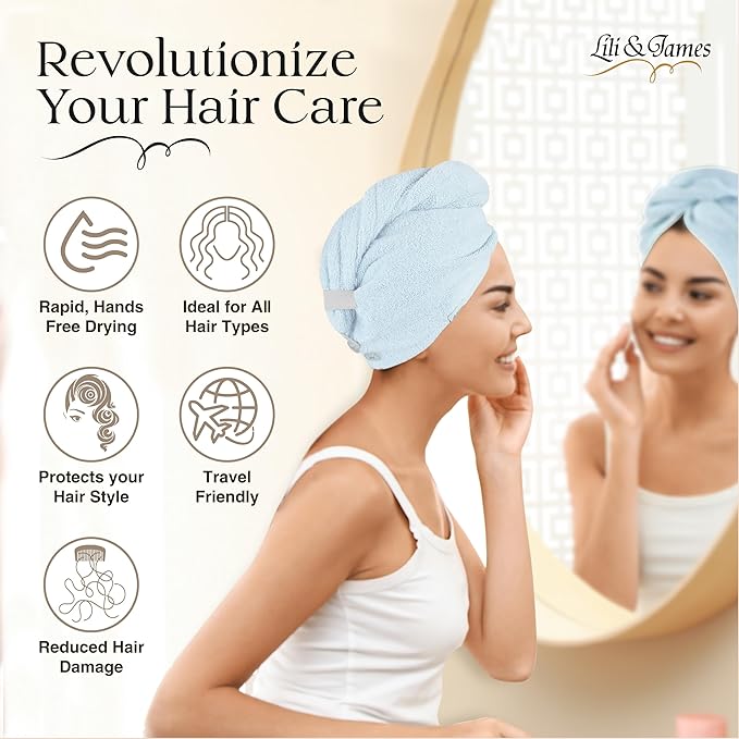 Lili&James 100% Cotton Hair Towel Wrap for Women/Kids | Quick Dry, Soft & Absorbent 420-GSM Hair Wrap Towels with Double Button | Anti Frizz, Non Microfiber Hair Turbans for Curly, Long Hair (Blue)