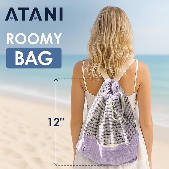 ATANI Turkish Beach Towel (71x39 Inches), Converts to a Bag, Oversized 100% Cotton Bath Towels Lightweight Quick-Dry Beach Blanket for Travel, Picnic, Camping, Yoga and Pool (Lavender)