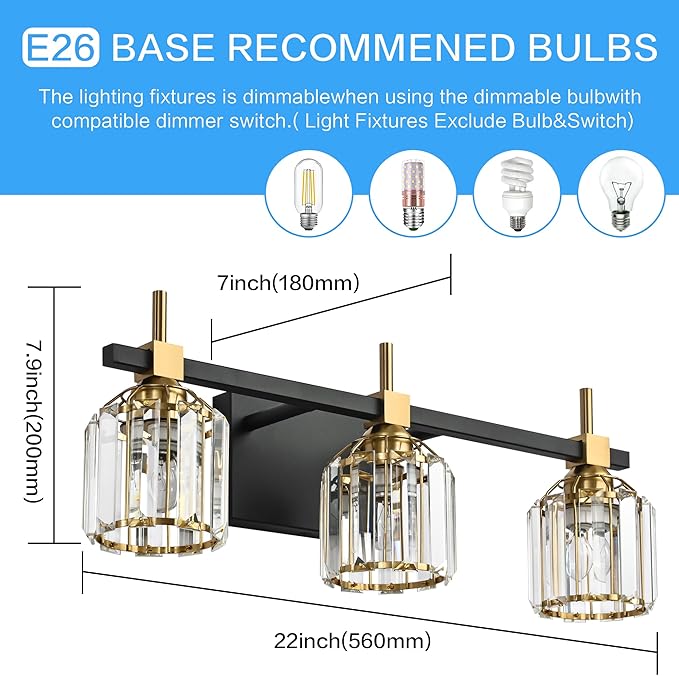 SOLFART Crystal Bathroom Light Fixtures 3 Light Bathroom Vanity Light Over Mirror Vanity Light Fixture Vintage Lighting 3T