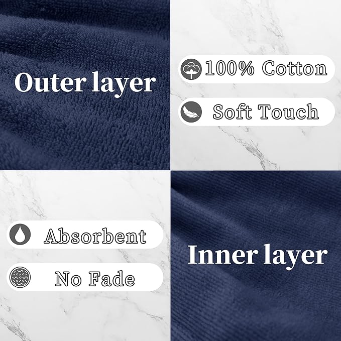 VOOVA & MOVAS 6-Pack Bath Mitts for Shower, 100% Cotton Soft Absorbent Wash Cloths with Hanging Loop, 8.3x6.3 Inch European Style Bathing Gloves for Body & Spa, Navy