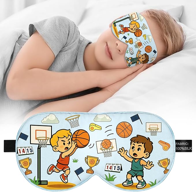 Kids Silk Sleep Mask – 100% Mulberry Silk Eye Cover, Kid Eye Mask with Adjustable Strap, Soft & Breathable Blackout Sleeping Mask for Boys and Girls Ages 5-15 (Basketball Style)