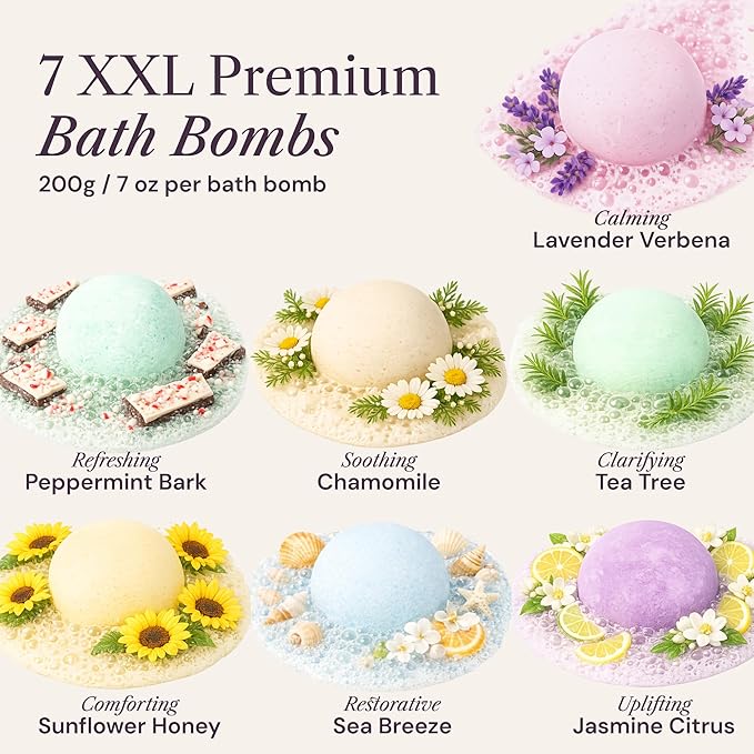 ADELEGOURDAIN Bath Bombs Set 7 pcs XXL Size - Gift Set for Women, 200g/7oz, Mineral Bath Bombs for Sensitive Skin, Gift Set or Birthday or Mothers Day, Gift Box Idea for Her