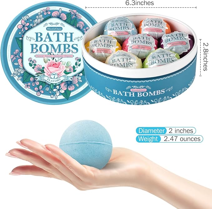 Bath Bombs Set, 7 Packs Bubble Fizzies Relaxation with Shea Butter, Dry Skin Moisturize, Birthday, Idea for Women, Wife, Girlfriend