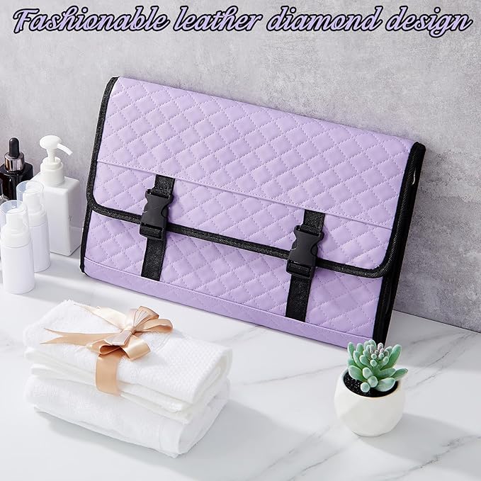 Travel Hanging Toiletry Bag with Mirror Leather Travel Hanging Mirror Foldable Dance Competition Makeup Bag Backstage Cosmetic Organizer for Traveling Dancers Spa(Classic,Purple)