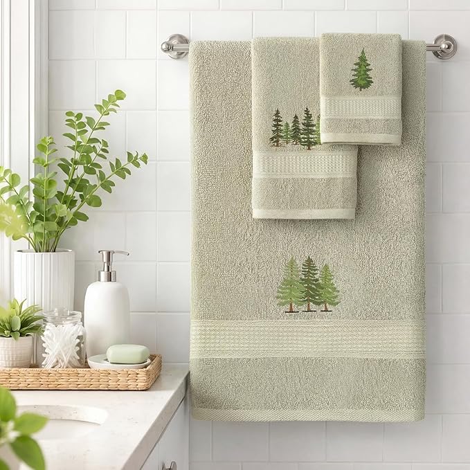 3 Pcs Rustic Pine Trees Bathroom Towel Set Farmhouse Embroidered Pine Trees Towels Vintage Decorative 100% Cotton Bath Towel Highly Absorbent Elegant Summer Decor Set for Bathroom