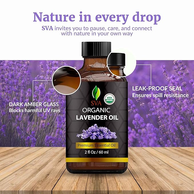 SVA Lavender Essential Oil Organic – 2 Fl Oz – 100% Natural Organic Lavender Oil - for Diffuser, Hair, Face, Skin Care, Aromatherapy, Scalp and Body Massage, Soap and Candle Making - with Dropper