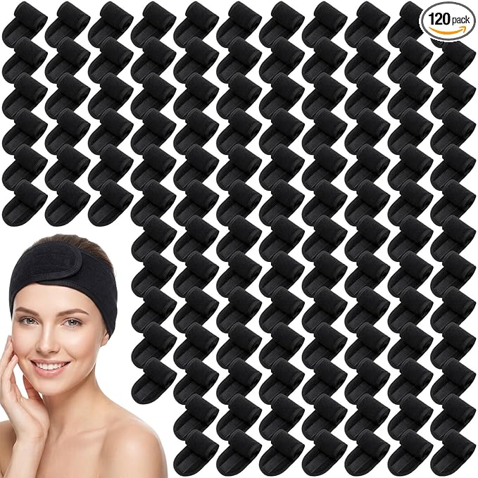 Tigeen 120 Pcs Spa Headband Facial Headbands Bulk Adjustable Hair Wraps for Women Girls Adult Skincare Makeup Shower Washing Face (Black)