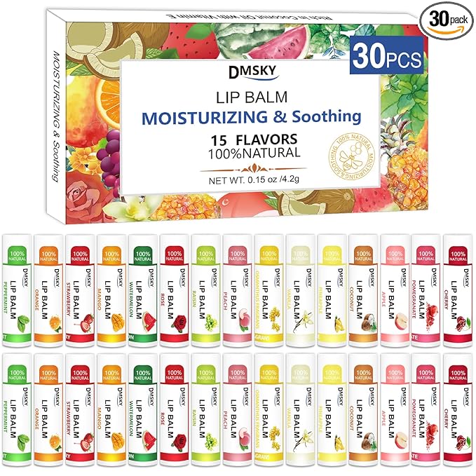 DMSKY Lip Balm 30 Pack, Natural Lip Balm Bulk with Vitamin E and Coconut Oil, Moisturizing Lip Care for Dry Chapped Lips, Party Favors-12 Flavors