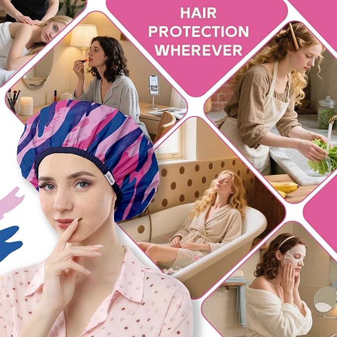Years calm Waterproof Shower Cap for Women - Double-Layer Reusable Bath Cap with Elastic Band for Long/Short/Curly/Braids Hair, Washable & Travel-Friendly, Fit for Shower, Spa (Stripe Shower Cap)