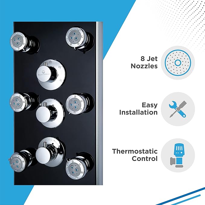 Blue Ocean 52” Aluminum SPA331B Tempered Glass Thermostatic Shower Panel Tower Column with Rainfall Shower Head, 8 Multi-Functional Nozzles, and Tub Spout (Premium Matte Black)