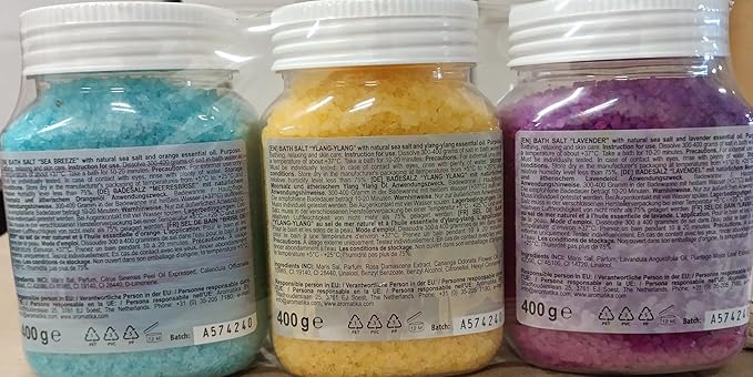 Bath Salts Set 42 Oz - Lavender - Sea Breeze - Ylang-Ylang - 100% Natural Essential Oil - Bathing - Body Care - Beauty - Relaxation - Spa