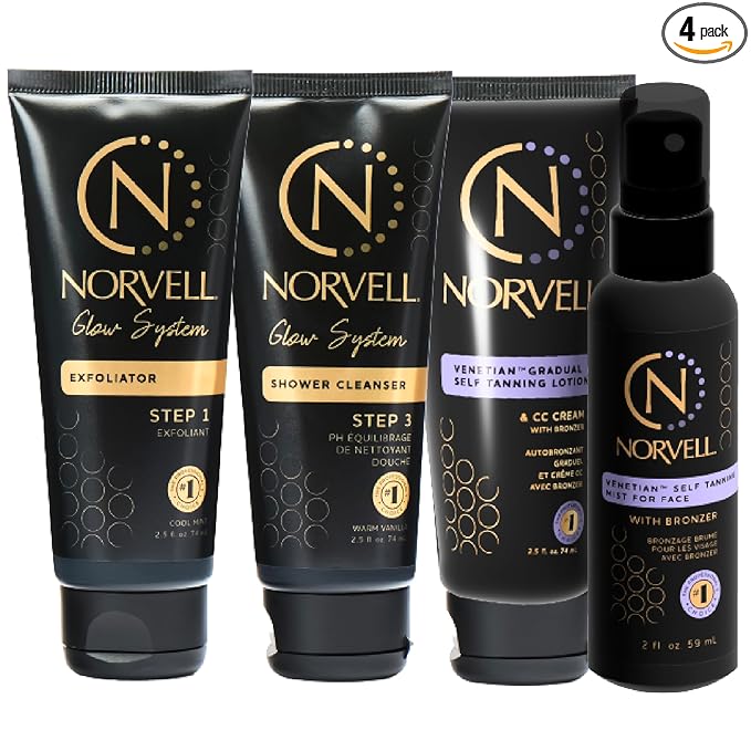 Norvell Venetian Self Tanner Maintenance Kit – Enhance Your Tan with Sunless Exfoliator 2.5 oz, Facial Tanning Mist 2 oz, pH Balancing Cleanser & Gradual Tanner 2.5 oz