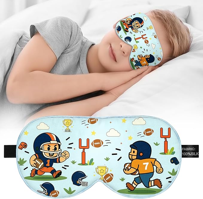 Kids Silk Sleep Mask – 100% Mulberry Silk Eye Cover, Kid Eye Mask with Adjustable Strap, Soft & Breathable Blackout Sleeping Mask for Boys and Girls Ages 5-15 (Football Style)