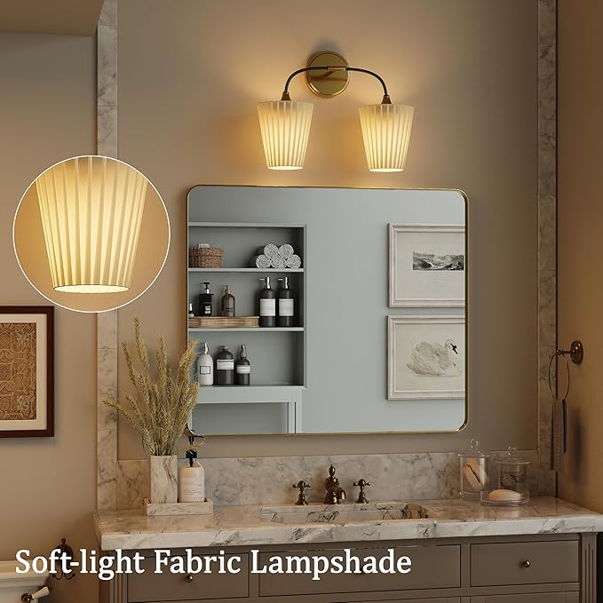 Bathroom Vanity Light with Fabric Shade, 2-Light Bathroom Vanity Light Over Mirror, Modern Light Fixtures for E26 Bulb, Flared Wall Lights for Bedroom, Hallway, Entryway (Black Gold)
