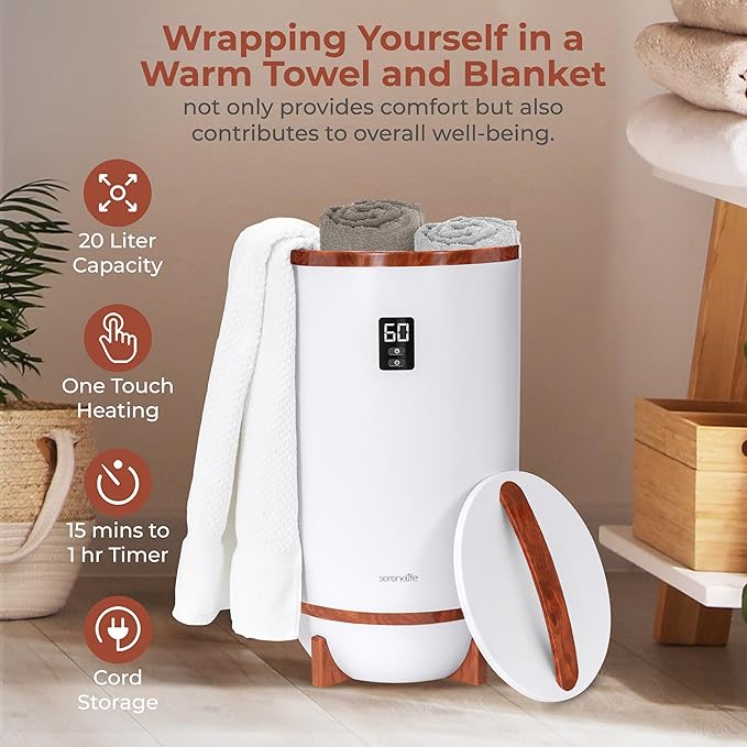 SereneLife Towel Warmer Bucket, with Customized Fragrance for Spa and Bathroom, Luxury Towel Heater Gifts for Him & Her, Auto Shut off, Fits 2 large Towels, Blankets, Bathrobes, PJ's (Cherry)