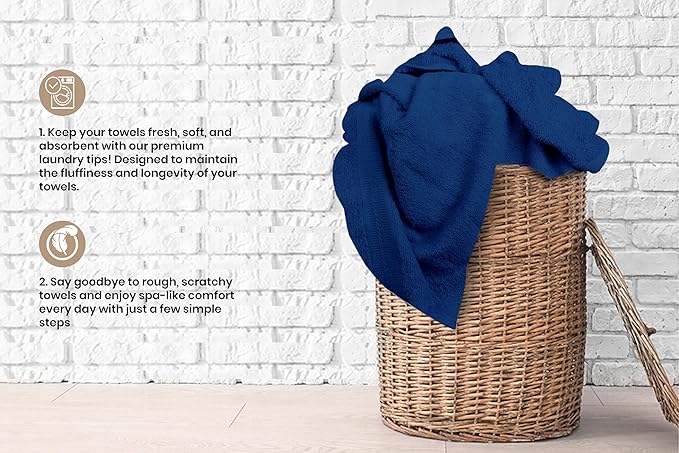 Large Bath Towels Bulk Set of 12 – 100% Cotton Terry – 24" x 50" – Quick Dry, Soft & Highly Absorbent – Navy Towels for Bathroom, Gym, Spa, Pool & Daily Use