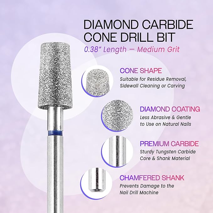 PANA 3/32" Diamond Carbide Cone Bit- Style 15, Medium Grit - Professional Cuticle Nail Drill Bits for Acrylic Gel Nails Dry Manicure Pedicure Shape Remove Tools