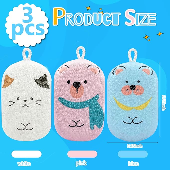 Baby and Kids Bath Loofah Sponge, Soft and Absorbent Toddler Exfoliating Body Scrubber Shower Loofa Sponge,Cute Pattern Design for Kids Baby Women Boys and Girl, 3 Pack (Bear/Dog/Cat)