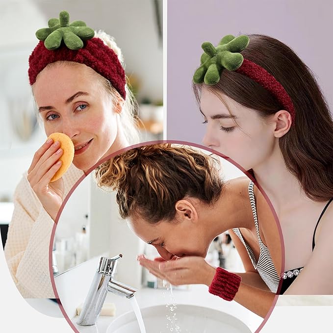 Ivyu Spa Skincare Headbands& Wristband Set，Cute Strawberry Makeup Headband For Women Girls,Non Slip Sponge Headband，Skincare-Padded Soft Thick Terry Cloth Hair Band Accessory.
