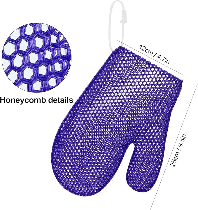 Honeycomb Exfoliating Bath Gloves - Microfiber for Enhanced Blood Circulation & Soft, Smooth Skin - Exfoliating Shower Mitt Sponges for All Skin Types (Dark Purple - Glove)