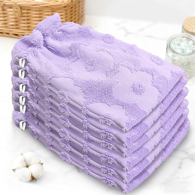 VOOVA & MOVAS 6-Pack Shower Wash Cloth, 100% Cotton Soft Absorbent Bath Mitts with Hanging Loop, 8.3x6.3 Inch European Style Bathing Gloves for Body & Spa, Purple Flower