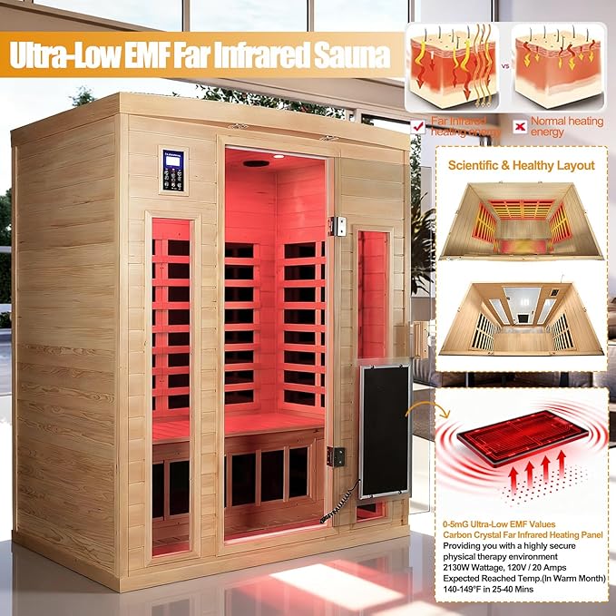 3 Person Infrared Sauna 0-5mG Ultra Low EMF Far Infrared Sauna for Home 2130W/20A Canadian Hemlock Indoor Sauna with Front Door Heating Panel, Chromotherapy Lights
