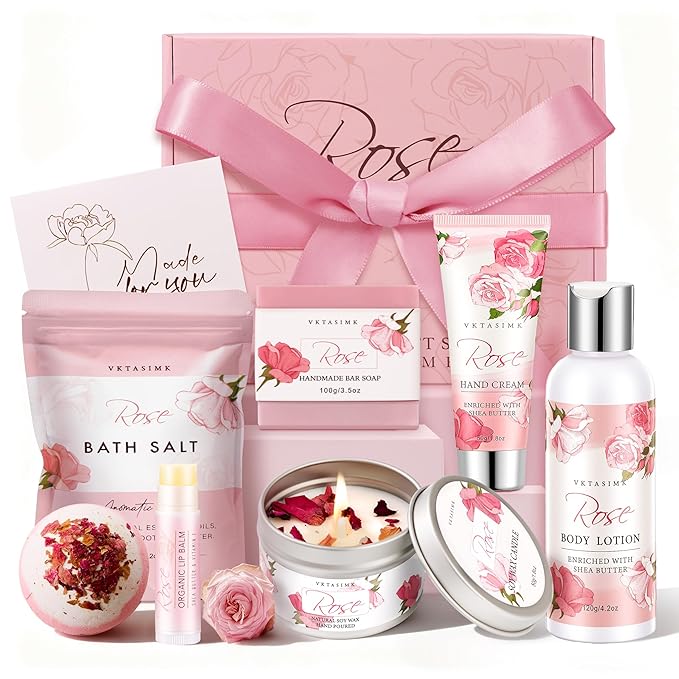 Gifts for Women, Birthday Gifts for Women, Bath and Body Gift Basket Mothers Day Gifts, Rose Home Spa Set Self Care Gift, Thank You for Mom Sister Her Teacher Friends Friendship