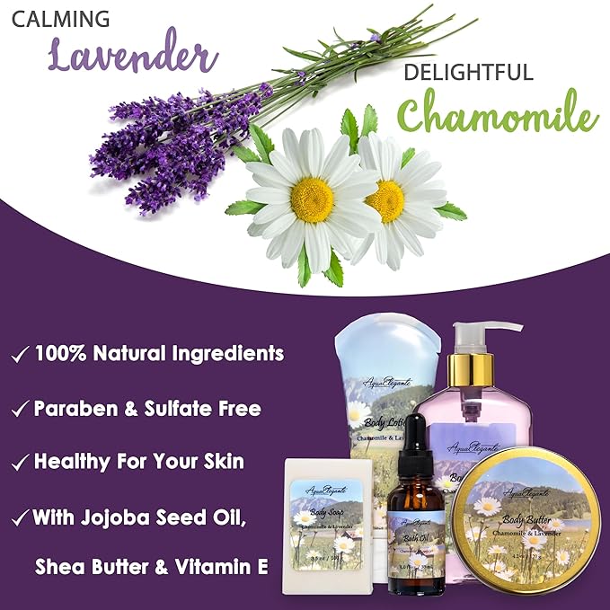 Aqua Elegante Bath Spa Gift Set - 15 Piece Premium Basket with Wash, Bubble Bath, Lotion, Salts, Body Scrub, Towel, Shower Puff, Bathbombs, Reusable Basket, Gifts for Women - Lavender & Chamomile