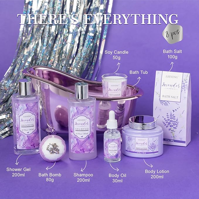 Spa Gift Basket for Women, Luxury Home Spa Kit, 8pcs Lavender Bath Gift Set, Gift Baskets for Women Unique with Bath Bombs, Sea Salt, Scented Lotions Birthday, Mother Day, Bridal Shower gifts