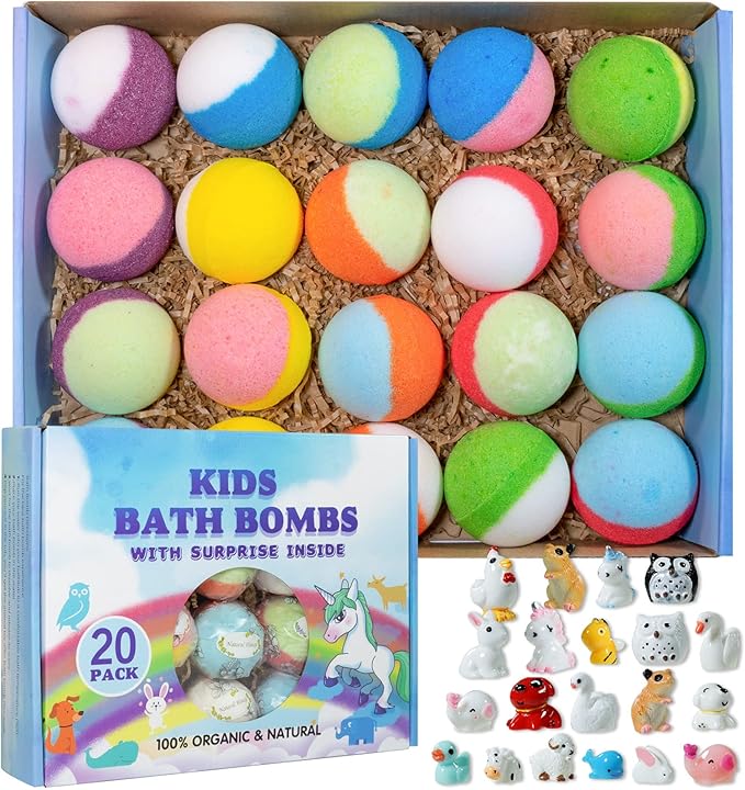 Yekery Bath Bomb Gift Set with Toys Inside, 20 Pack Organic Bath Bombs for Kids, Kids Safe Handmade Fizzy Balls for Kid, Ideal Birthday Gift for Boys & Girls