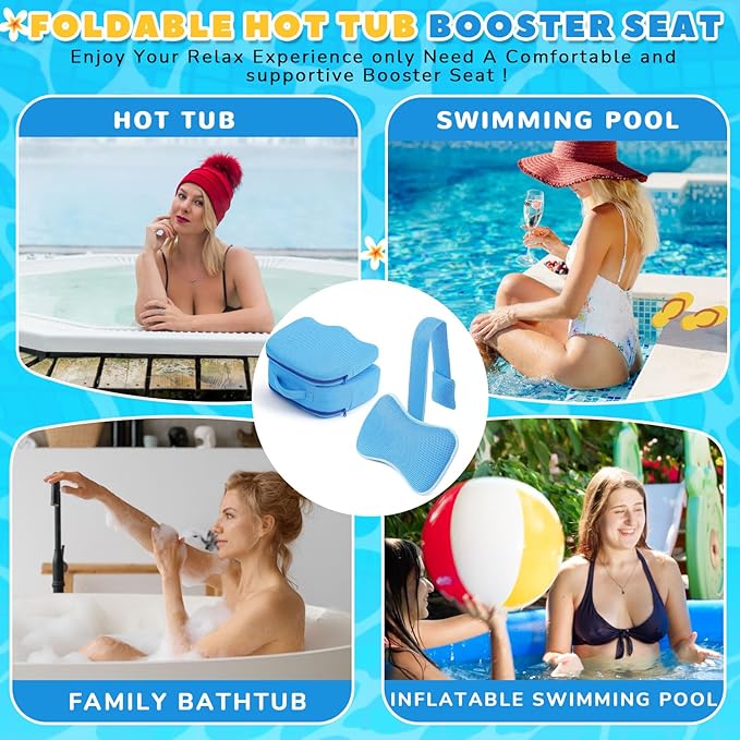 Yerliker 2 Pcs Foldable Hot Tub Booster Seat for Adults Adjustable 2 Heights up to 6.3" with Bath Pillow Weighted Spa Cushion Mesh Inflatable Hot Tub Seat Accessories for Spa Bathtub Pool