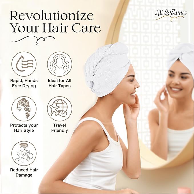 100% Cotton Hair Towel Wrap for Women/Kids | Quick Dry, Soft & Absorbent 420-GSM Hair Wrap Towels with Double Button | Anti Frizz, Non Microfiber Luxury Hair Turbans for Curly, Long Hair (White)