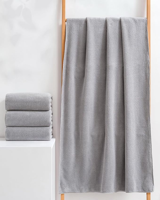 sakano 4-Piece Bath Towel Set,Quick-Dry Absorbent Lint Free & Launder Soft Coral Velvet Microfiber Towels for Bathing, Fitness, Spa, and Guest Use -Light Gray, 28 x 55 inches